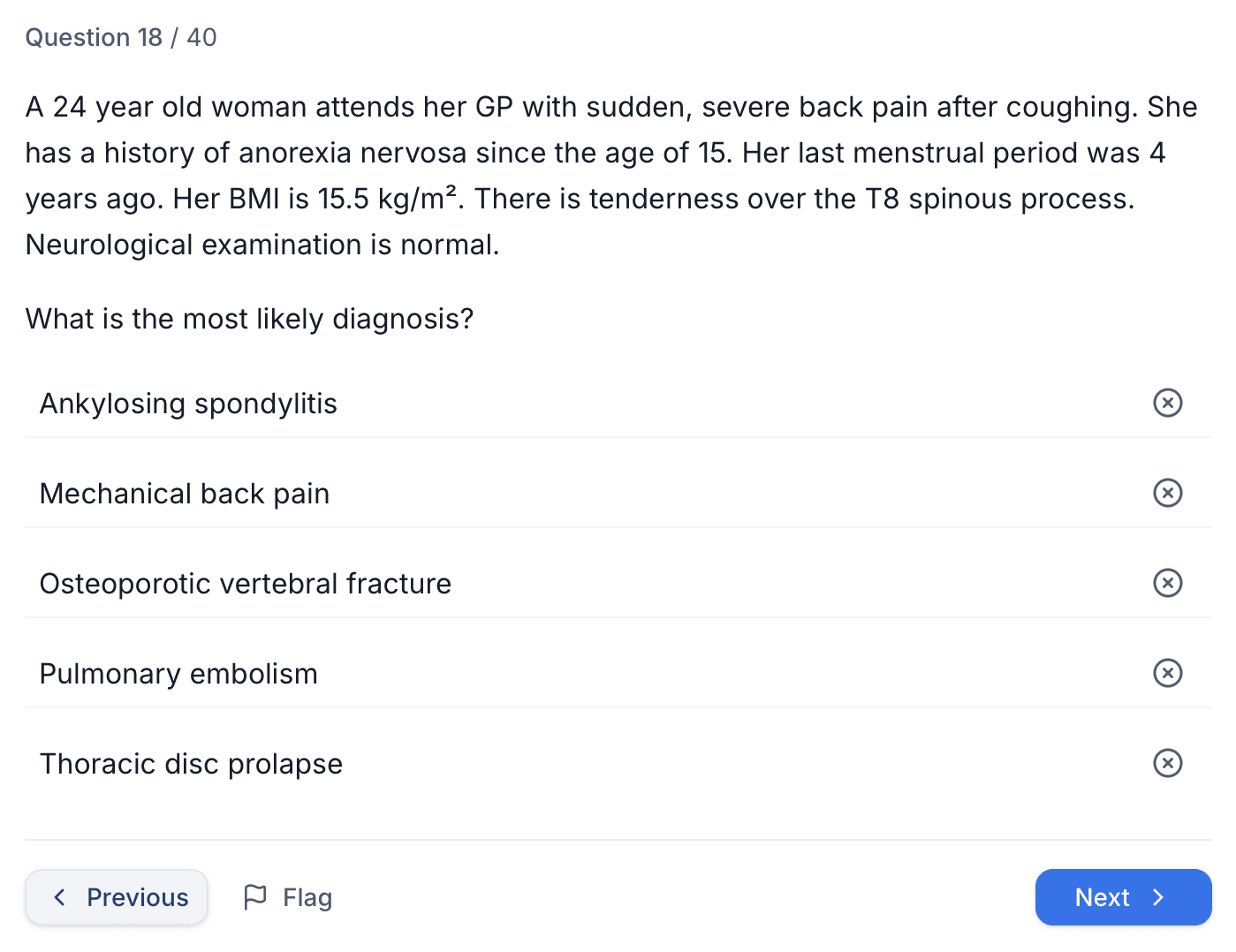 StackMed question interface showing a clinical SBA scenario with five answer options